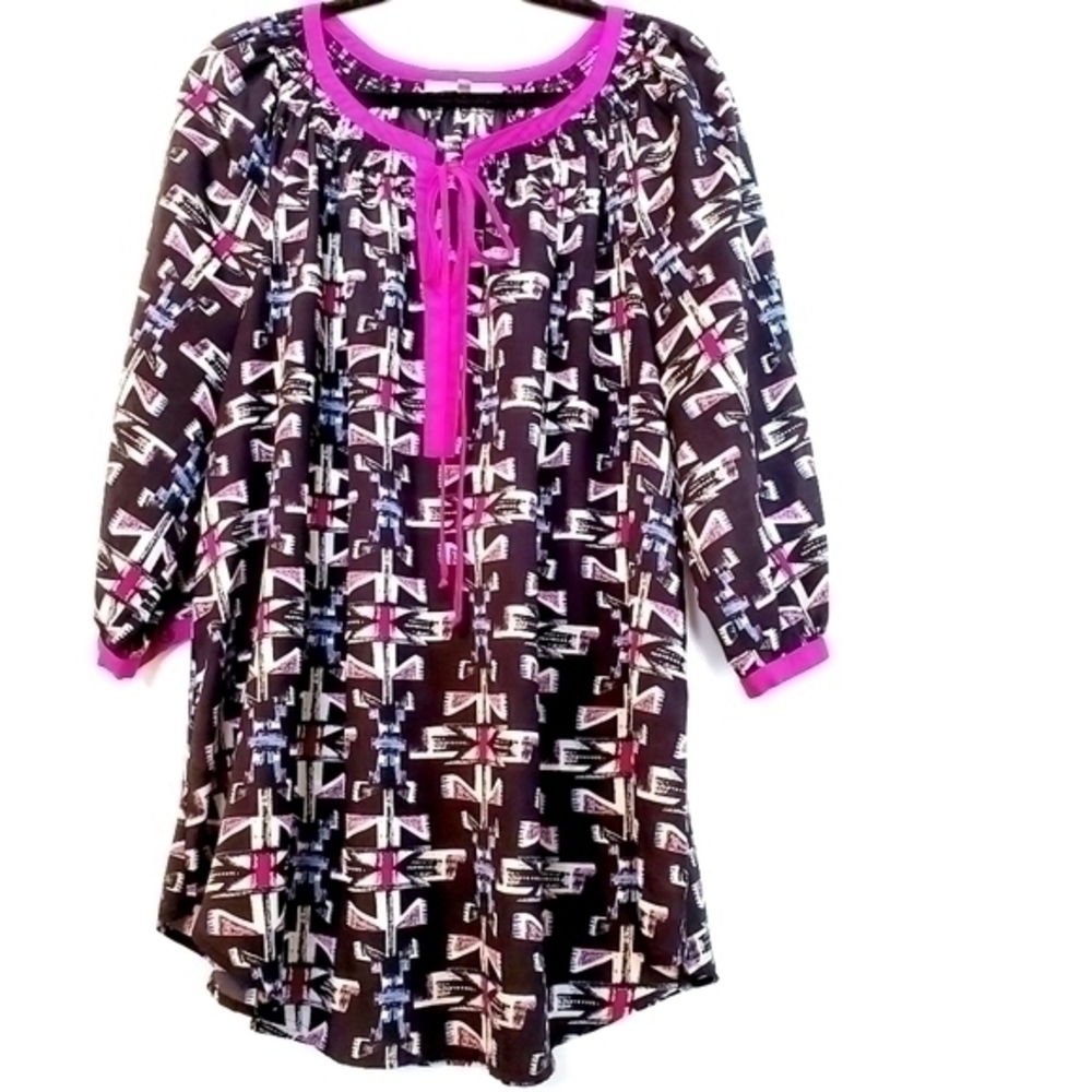 Daniel Rainn Women's Black & Fuchsia Multicolor Tribal Print Popover Top Blouse